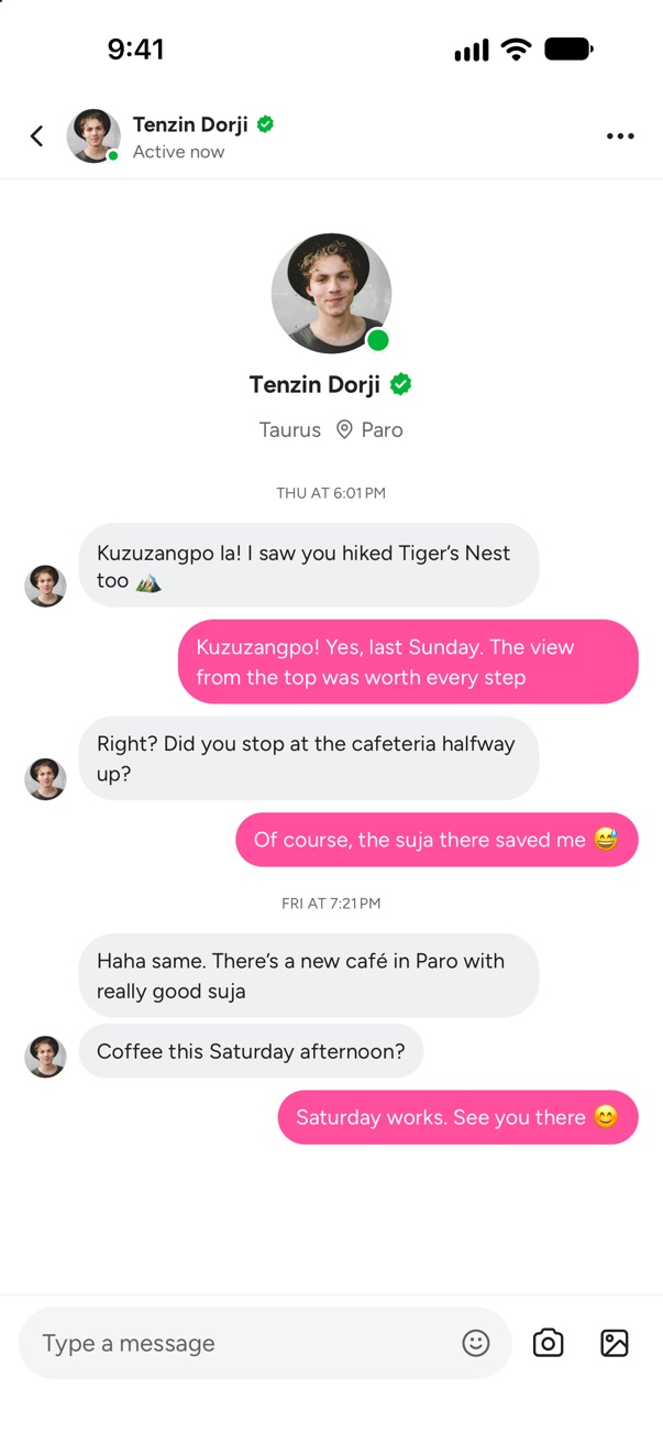 A chat between two matches planning coffee in Paro this Saturday