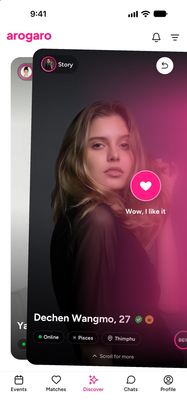 Swiping right on Dechen’s profile: the card glows pink with “Wow, I like it”